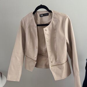 Zara Beige Faux Leather Collarless Jacket